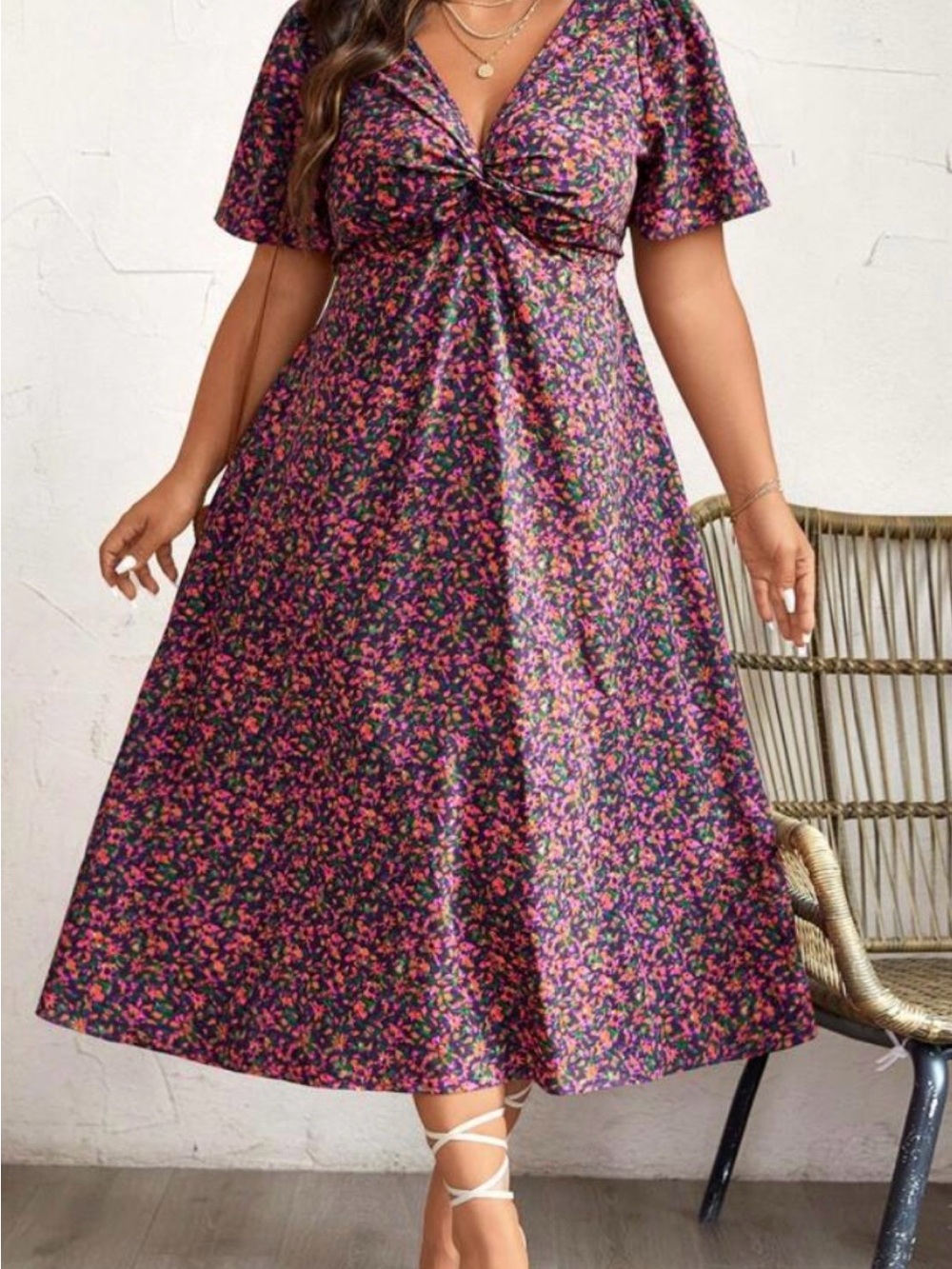 Purple Floral Midi Dress with Pink & Green Accents
